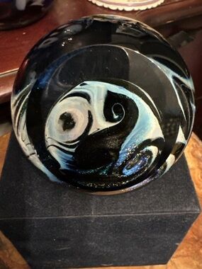 Hand-Blown Glass Eye Studio Art Glass Paperweight in Black and Blue